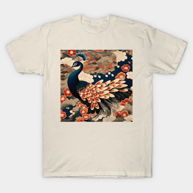 Ukiyo e Peacock Bird and Flowers Kimono T-Shirt by craftydesigns